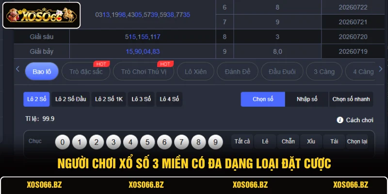 Xổ Số XOSO66 3 Người chơi xổ số 3 miền có đa dạng loại đặt cược